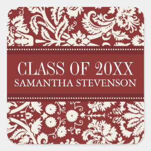 Red White Damask Graduation Custom Year Name Square Sticker