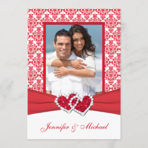 Red & White Damask & Hearts Photo Invitation