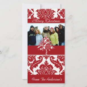 Red & White Damask Pine Holiday Family Pictures Card