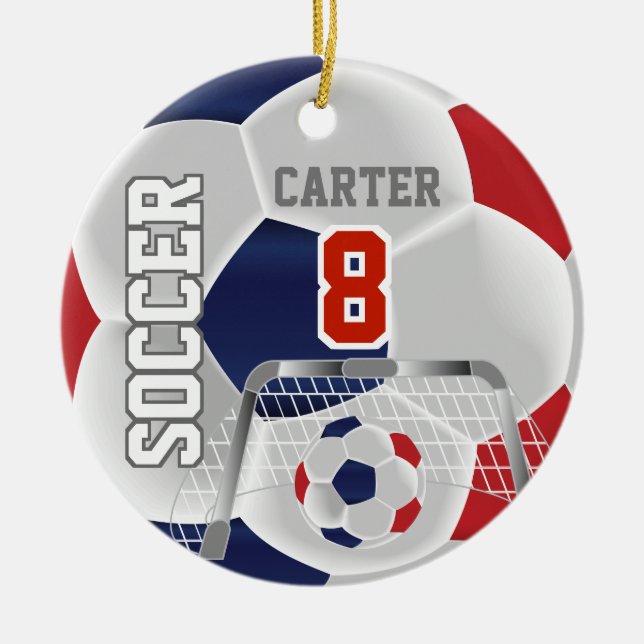 Red, White & Dark Blue Personalize Soccer  ⚽ Ball Ceramic Ornament (Front)