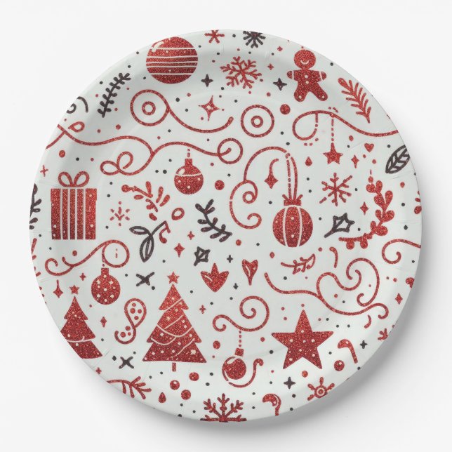 Red White Decorative Holiday Paper Plate (Front)