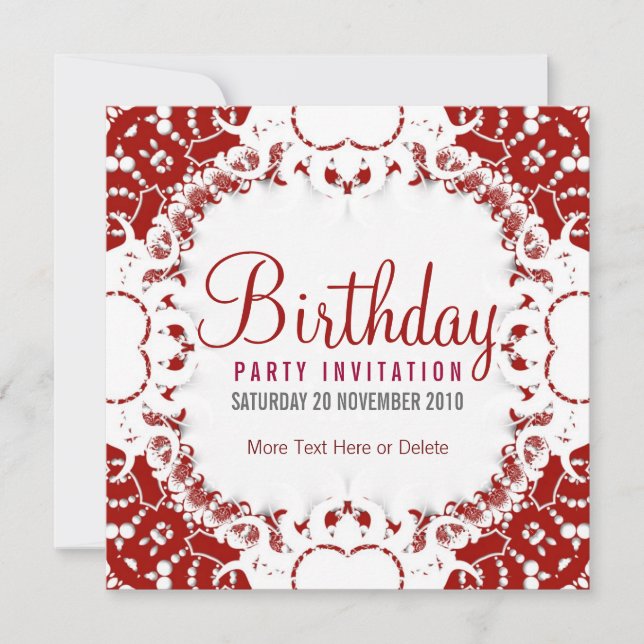 Red White digi-Lace Party Birthday Invitation (Front)