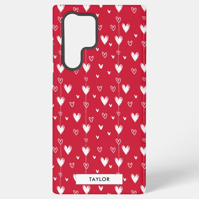 Red White Doodle Hearts Pattern Personalized Name Samsung Galaxy S22 Ultra Case (Back)