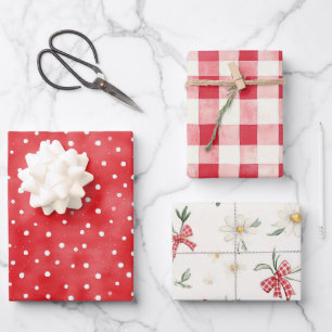 Red White Dots Daises Floral Plaid Birthday Wrapping Paper Sheet