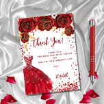Red white dress floral birthday thank you card<br><div class="desc">A feminine and elegant birthday thank you card. A white background,   with red faux glitter,  sparkles,  red roses and a red dress.  On front a large hand lettered script and the text: Thank You.</div>