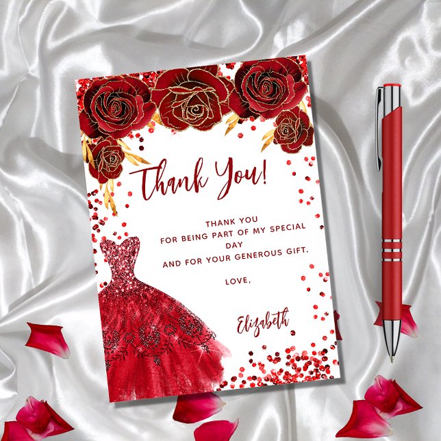 Red white dress floral birthday thank you card (Creator Uploaded)