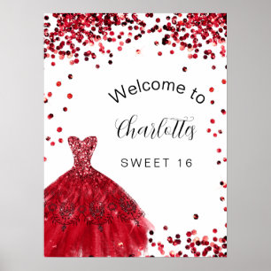 Red white dress Sweet 16 Party welcome Poster