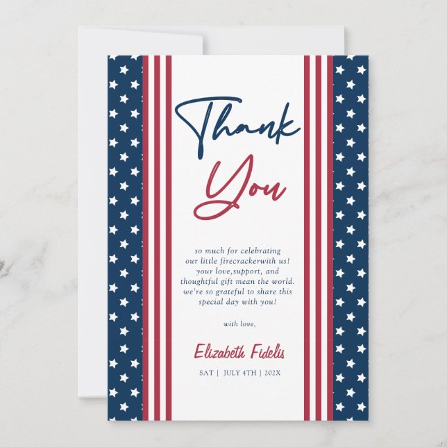 Red White & Due 4th of July Baby Shower Thank You Card (Front)