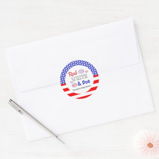 Red White & Due Baby Shower Classic Round Sticker (Envelope)