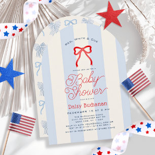 Red White & Due Bow Stripes Boy Baby Shower Invitation