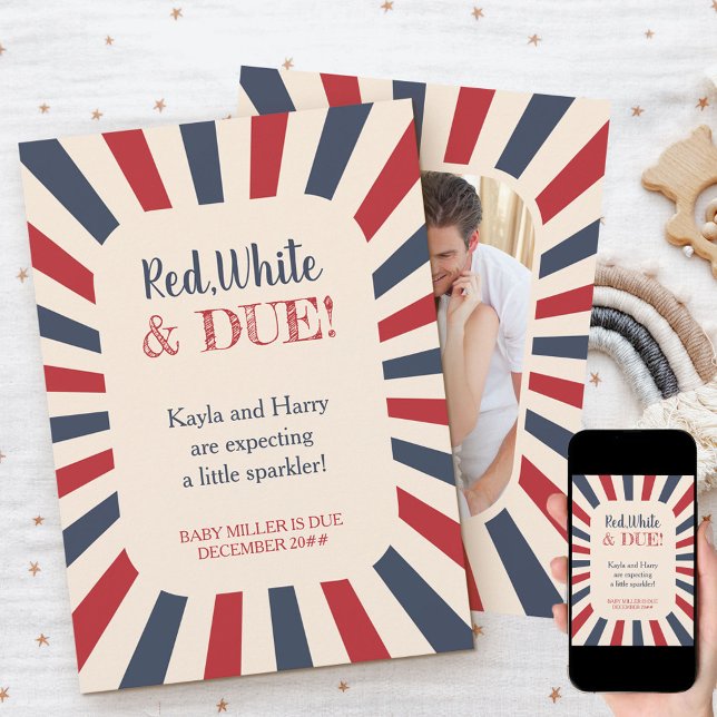 Red White Due Maternity Photo Vintage Pregnancy Announcement (Creator Uploaded)