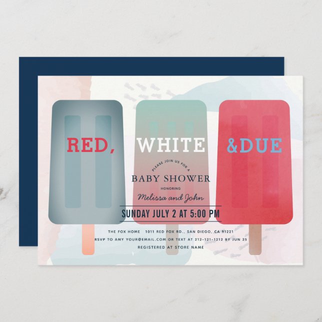 Red White & Due Popsicle July 4th Baby Shower Invitation (Front/Back)