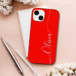 Red White Elegant Calligraphy Script Name Case-Mate iPhone 14 Case<br><div class="desc">Red White Elegant Calligraphy Script Custom Personalized Name iPhone 14 Smart Phone Cases features a modern and trendy simple and stylish design with your personalized name in elegant hand written calligraphy script typography on a red background. Designed by ©Evco Studio www.zazzle.com/store/evcostudio</div>