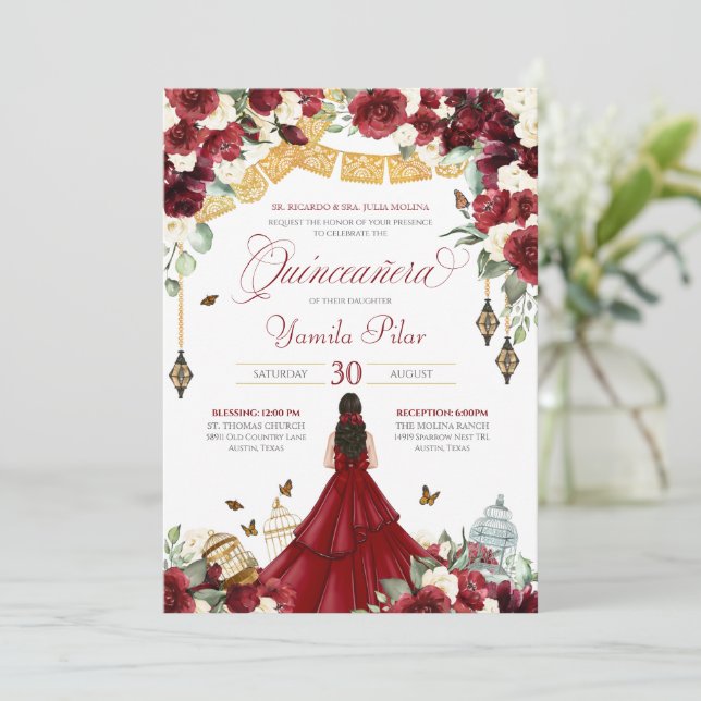 Red White Elegant Floral Butterfly Quinceanera V1 Invitation (Standing Front)