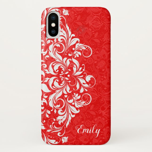 Red & White Elegant Girly Floral Lace Monogram Case-Mate iPhone Case (Back)