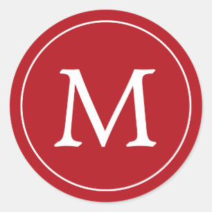 Red White Elegant Monogram Christmas Holiday Classic Round Sticker
