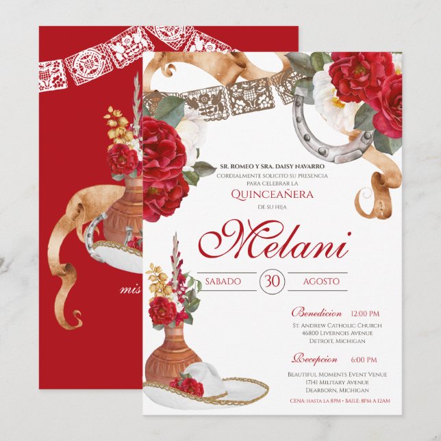 Red White Elegant Rose Charro Mariachi Quinceanera Invitation (Front/Back)