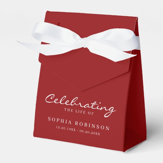 Red White Elegant Script Funeral Memorial Favor Box (Front Side)