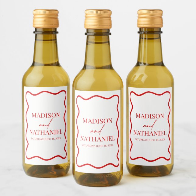 Red White Elegant Wavy Border Wedding Wine Label (Bottles)