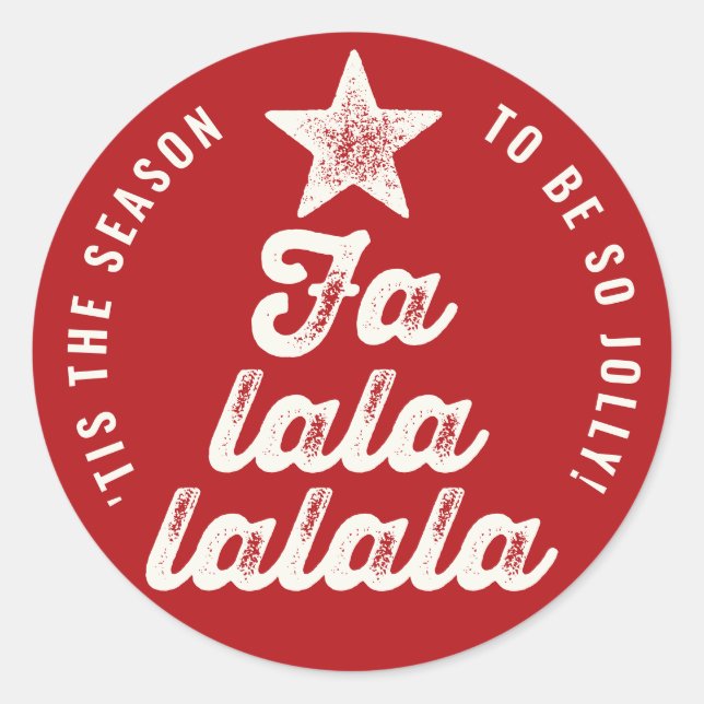 Red/White Falalalala Bold Script Tree Fun Holiday Classic Round Sticker (Front)
