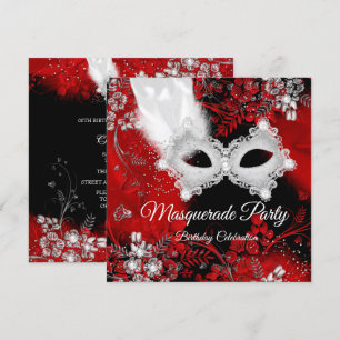 Red White Feathers Mask Masquerade Birthday Party Invitation