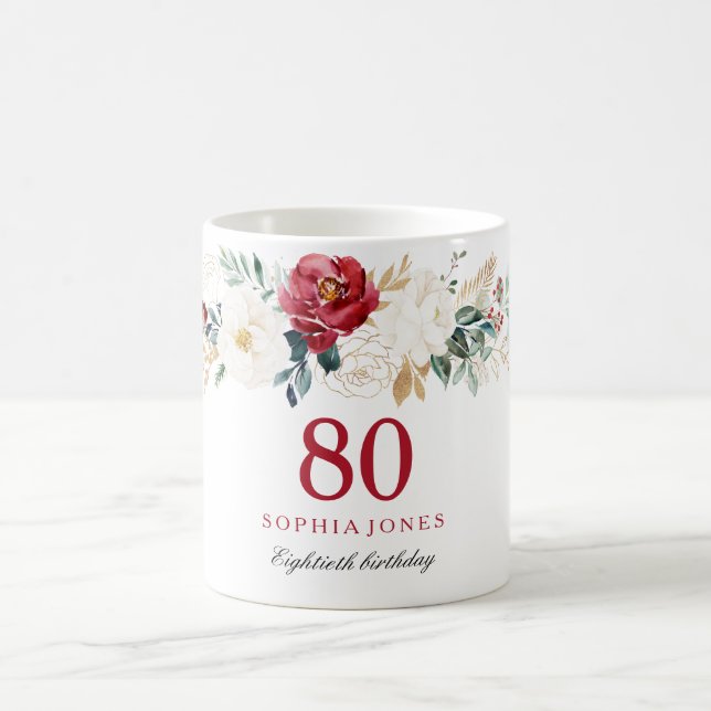 Red & White Festive 80th Birthday Gift Coffee Mug (Center)