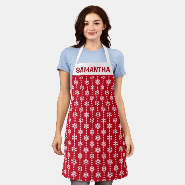 Red & White Festive Winter Snowflakes Apron (Worn)