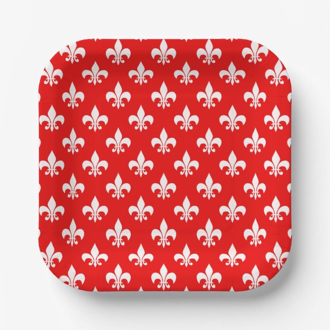 Red White Fleur-de-lis Paper Plate (Front)
