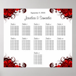 Red & White Floral 11 Wedding Tables Seating Chart