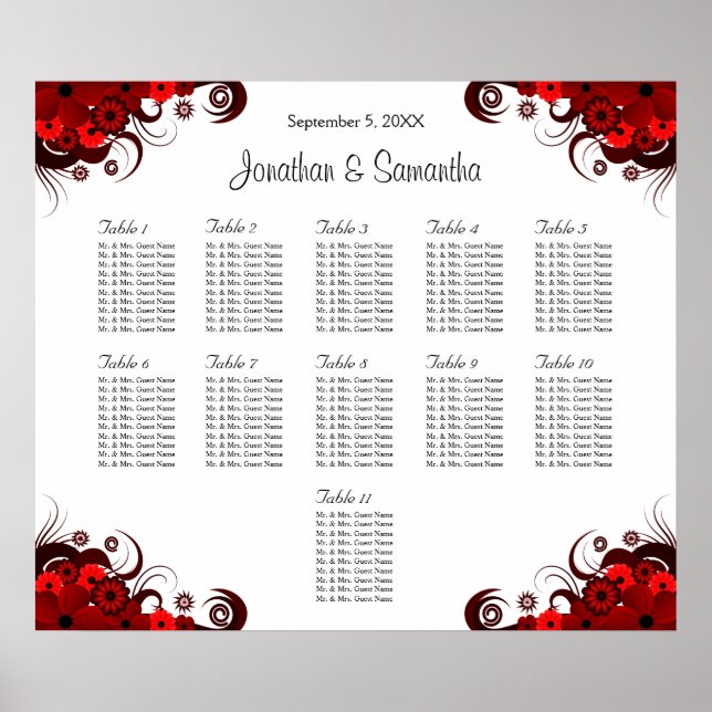 Red & White Floral 11 Wedding Tables Seating Chart (Front)