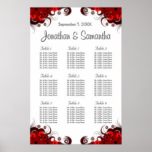 Red & White Floral 9 Wedding Tables Seating Charts