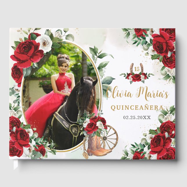 Red White Floral Charro Boots Quinceanera Photo Guest Book (Front)
