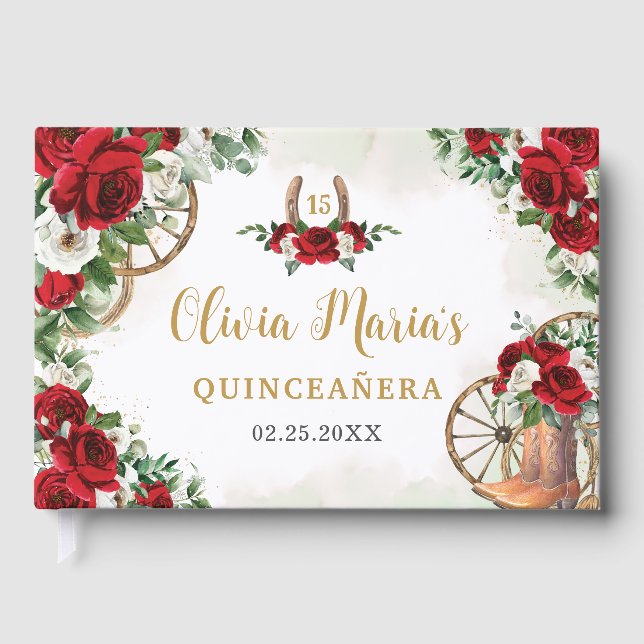 Red White Floral Charro Cowboy Boots Quinceanera Guest Book (Front)