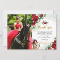 Red White Floral Charro Quinceañera Thank You Card
