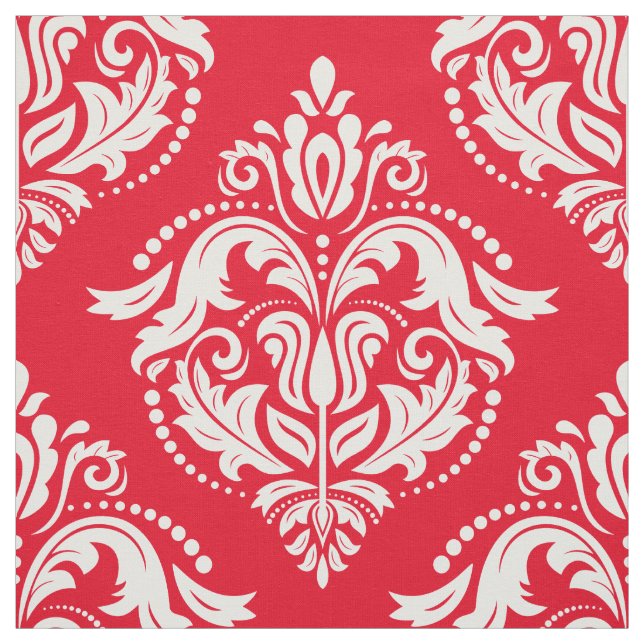 Red & White Floral Damasks Geometric Pattern Fabric (Swatch)