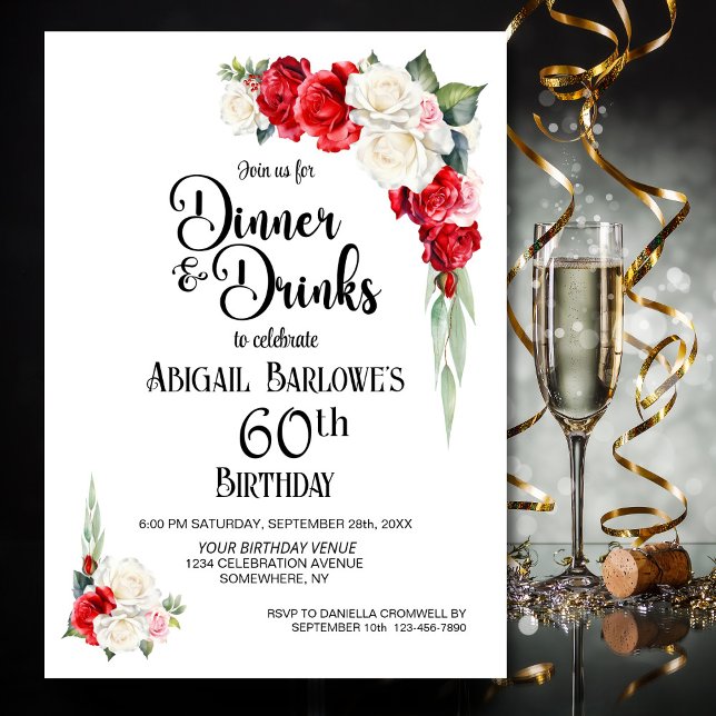 Red White Floral Dinner and Drinks 60th Birthday Invitation (Creator Uploaded)