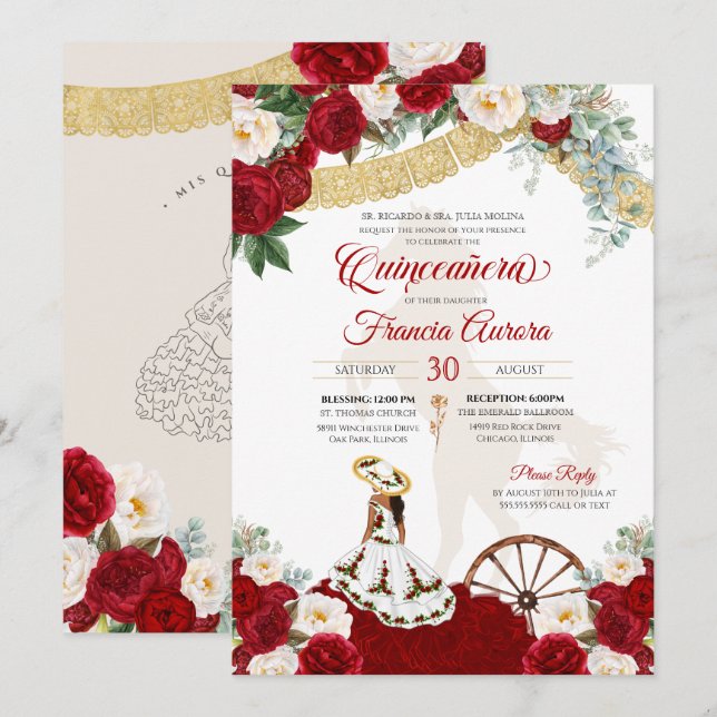 Red White Floral Elegant Gold - Charro Quinceanera Invitation (Front/Back)