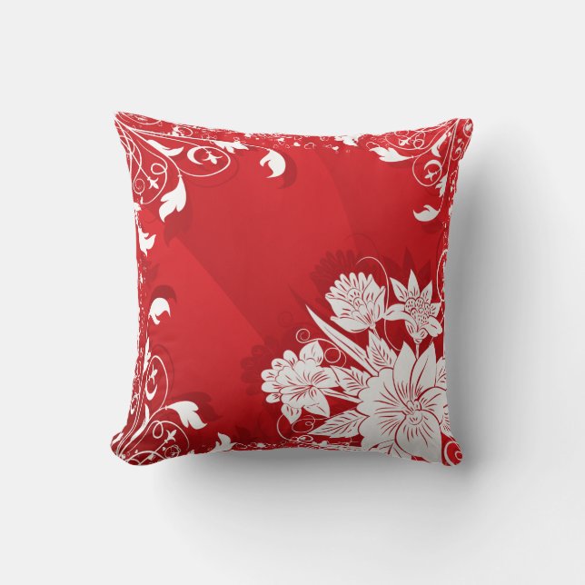 Red & White Floral Frame Throw Pillow (Front)