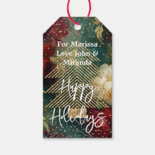 Red White Floral Gold Glitter Tree Gift Tags