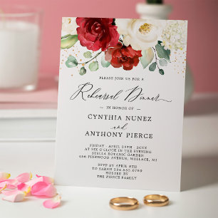 Red White Floral Gold Wedding Rehearsal Dinner Invitation