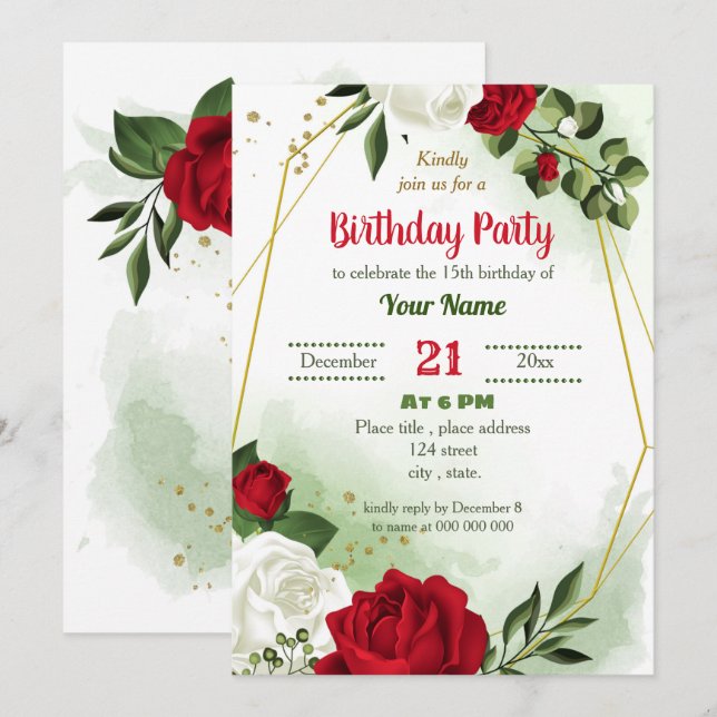 red white floral greenery geometric birthday party invitation (Front/Back)