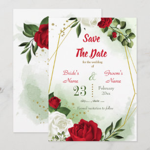 red white floral greenery gold geometric save the date