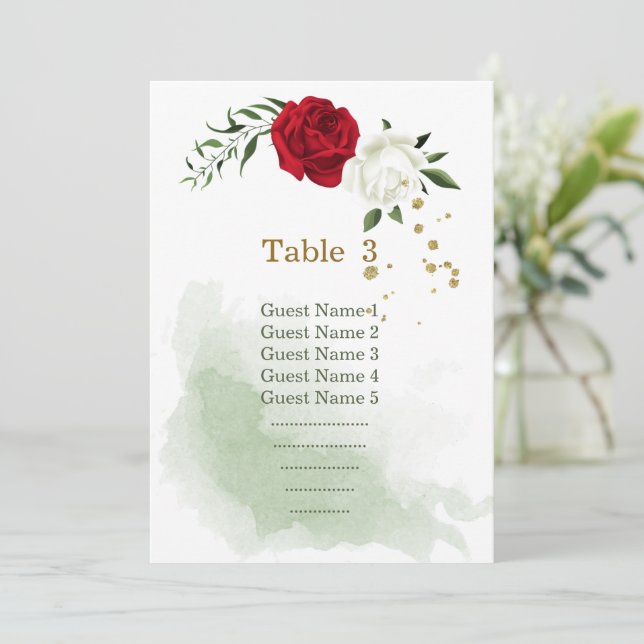 red white floral greenery seating chart card (Standing Front)