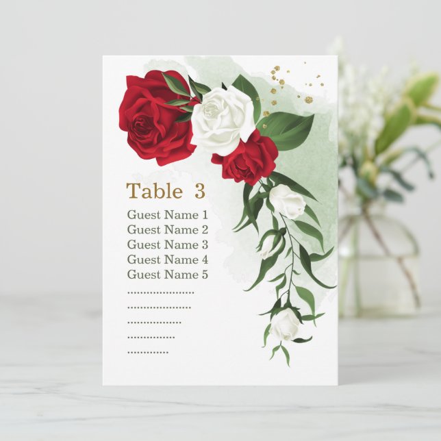 red white floral greenery seating chart card (Standing Front)