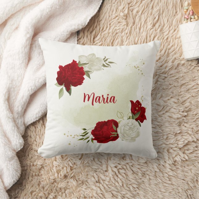 Red white floral greenery throw pillow (Blanket)