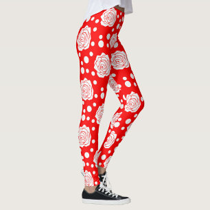 Red White Floral Polka Dots Pattern  Leggings