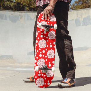 Red White Floral Polka Dots Pattern  Skateboard
