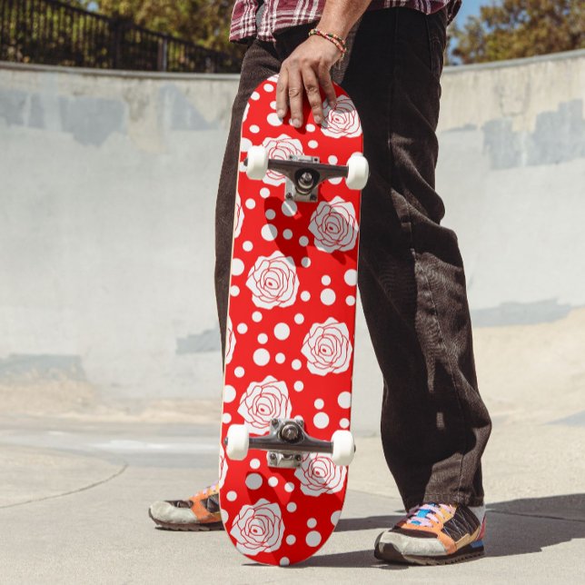 Red White Floral Polka Dots Pattern  Skateboard (Creator Uploaded)