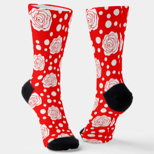 Red White Floral Polka Dots Pattern  Socks