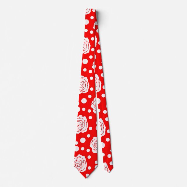 Red White Floral Polka Dots Pattern  Tie (Front)